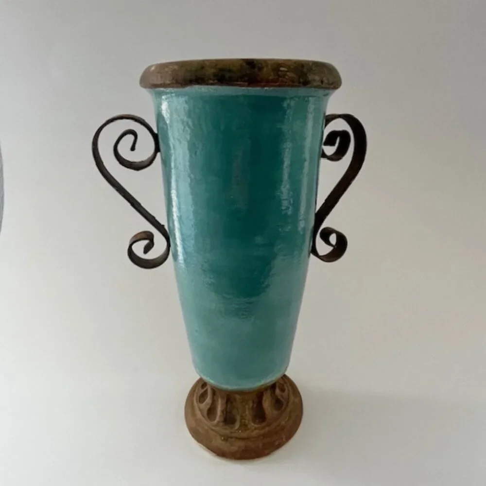 Glazed Ceramic Planter Vase Distressed Rustic Tuscan Scroll Metal Handles Aqua